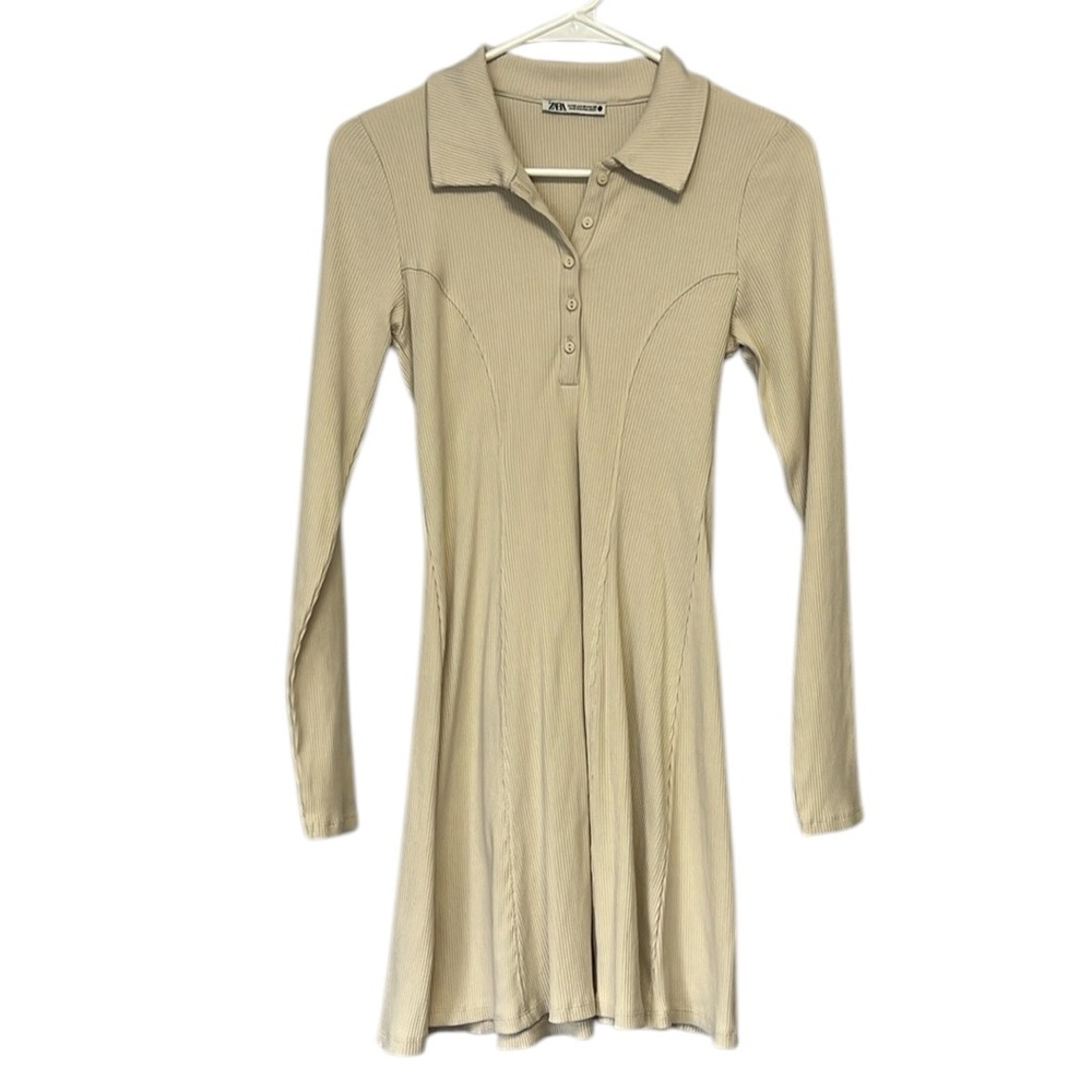 Zara Beige Ribbed Polo Long Sleeve Dress